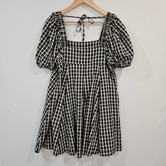 Womens Gingham Check Plaid Babydoll Milkmaid Peasant Mini Dress Puff Sleeves - Picture 4 of 15